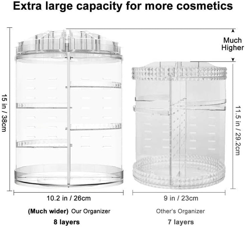 360-Degree Rotating Adjustable Makeup Organizer with 8 Layers for Cosmetics, Brushes, and Lipsticks - Clear Storage Display Case
