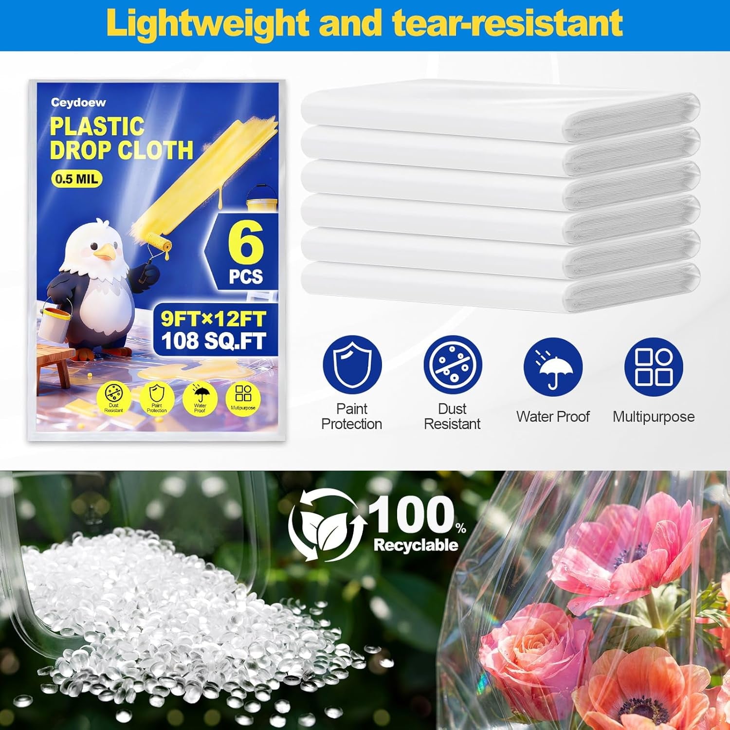 6 Pack Plastic Drop Cloths for Painting 9X12Ft - Disposable Premium Plastic Tarp for Painting, Lightweight Drop Cloth for Painting for Furniture & Floor Protection