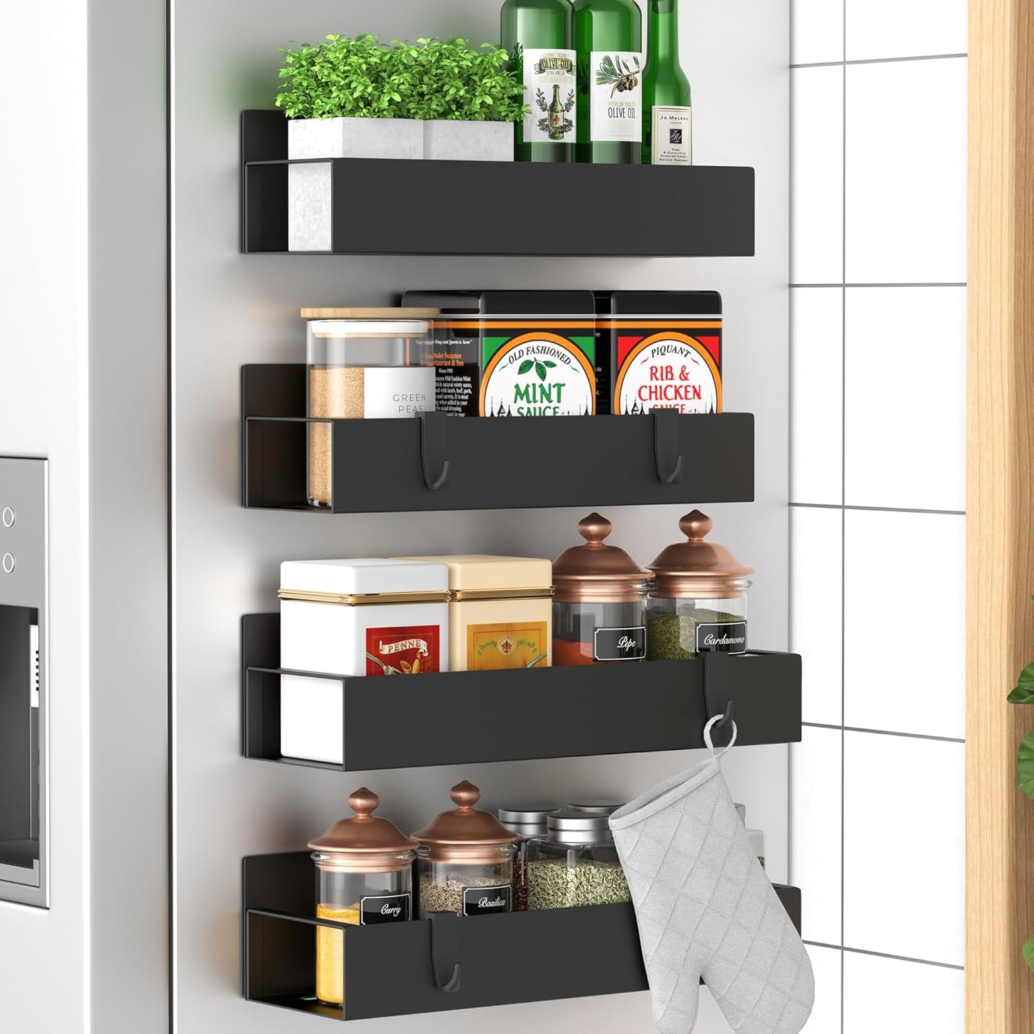 Metal Magnetic Spice Rack for Refrigerator Black, 4 Pack | Magnetic Shelves Heavy Duty for Fridge in Kitchen, Seasoning Storage Organizer, for Oven Washer and Dryer, for Heavier Items