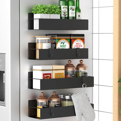 Metal Magnetic Spice Rack for Refrigerator Black, 4 Pack | Magnetic Shelves Heavy Duty for Fridge in Kitchen, Seasoning Storage Organizer, for Oven Washer and Dryer, for Heavier Items