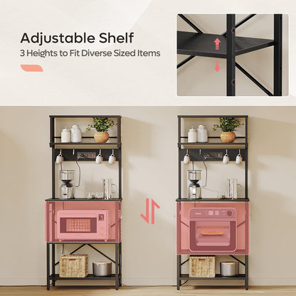 Bakers Rack with Power Outlet, Coffee Bar Table with Storage 5 Tiers, Standing Microwave Stand with 8 S-Shaped Hooks, Kitchen Storage Shelf Rack for Spices | Standing Microwave Stand with 8 S-Shaped Hooks, Kitchen Storage Shelf Rack for Spices