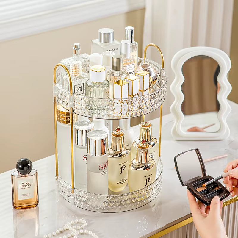 360° Rotating 3-Tier Transparent Cosmetic Organizer with Diamond Pattern for Bathroom Vanity and Countertop
