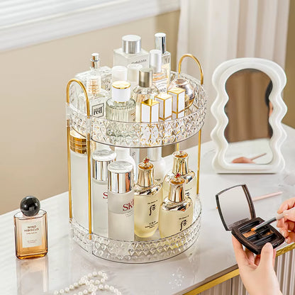 360° Rotating 3-Tier Transparent Cosmetic Organizer with Diamond Pattern for Bathroom Vanity and Countertop