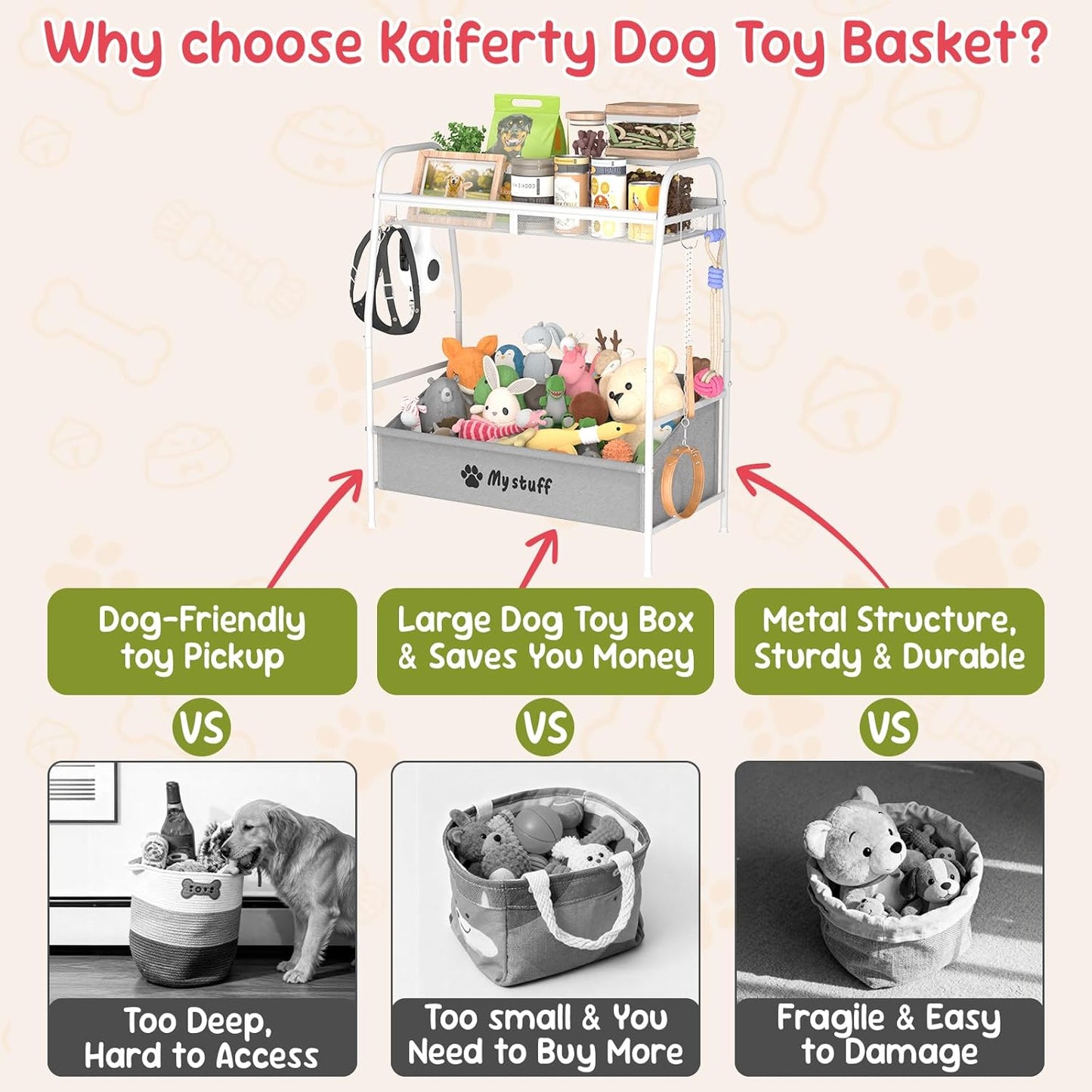 Large Dog Toy Basket, Toy Box for Dogs, Pet Toys Bin Dog Metal Wire Basket for Toys, Food Storage, Storage Organizer Chest Storage, Toy Box for Living Room Area (White)
