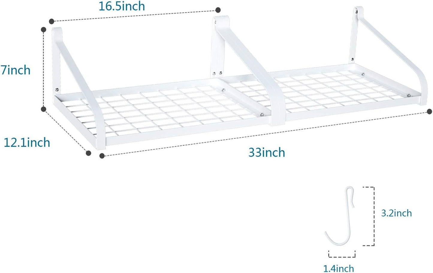 Pot Rack Wall Mounted Set of 2 Pan Pot Organizer Wall Shelves with 16 Hooks for Kitchen Cookware Utensils Organization White