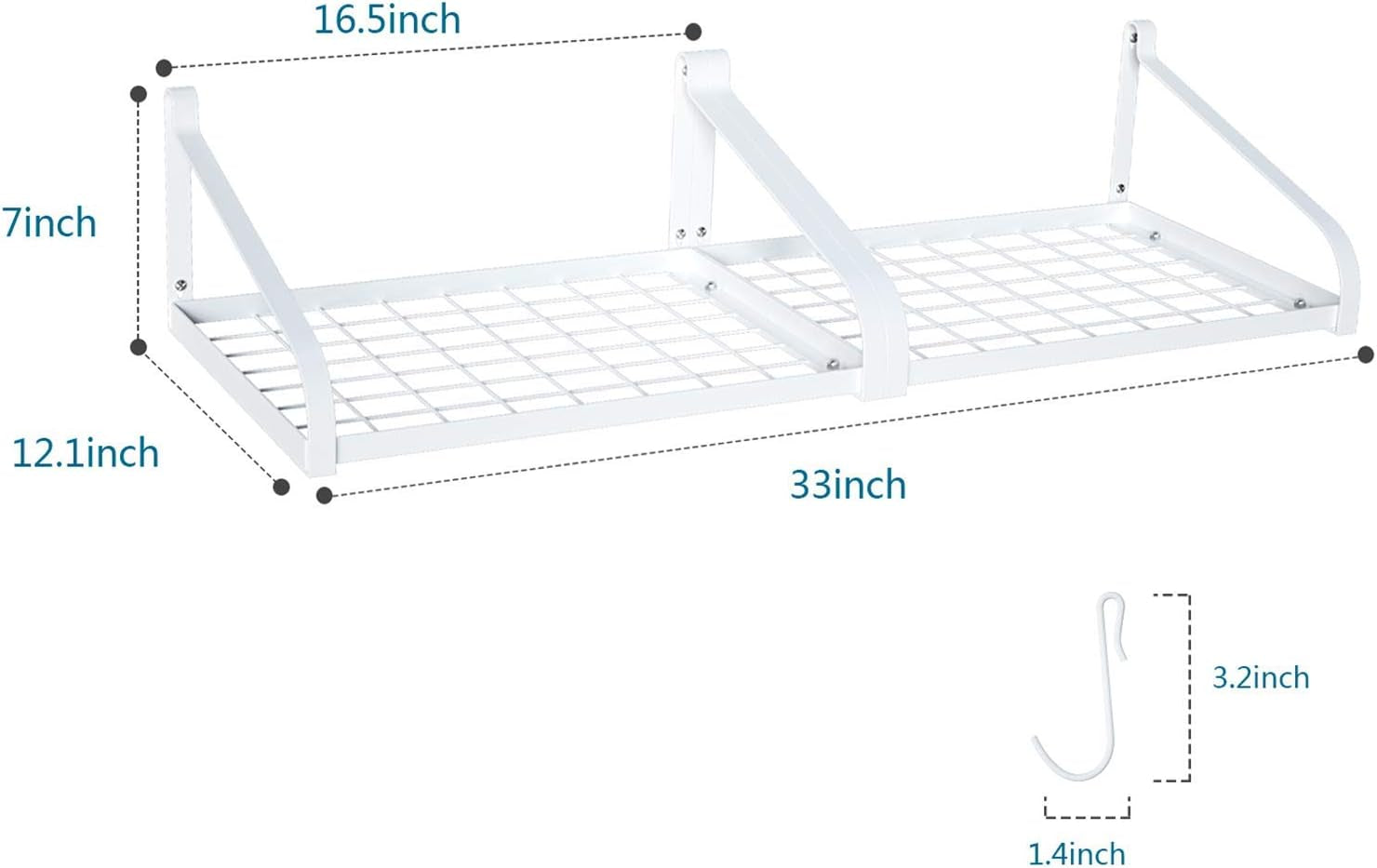 Pot Rack Wall Mounted Set of 2 Pan Pot Organizer Wall Shelves with 16 Hooks for Kitchen Cookware Utensils Organization White