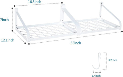 Pot Rack Wall Mounted Set of 2 Pan Pot Organizer Wall Shelves with 16 Hooks for Kitchen Cookware Utensils Organization White