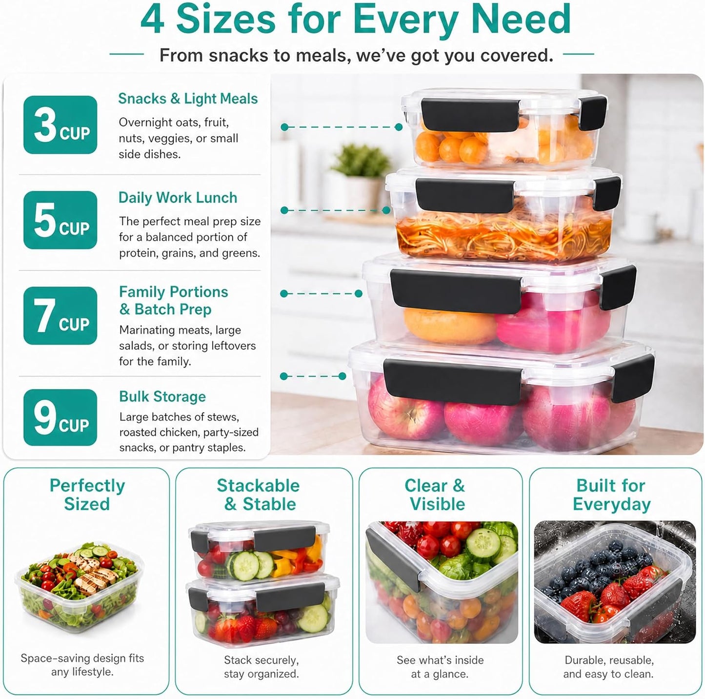 3Cup Plastic Food Storage Containers with Lids for Portion Control,5Pk | BPA Free,Stackable and Nestable,Snaplock Lid ,Freezer Dishwasher Microwave Safe