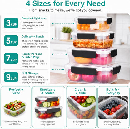 3Cup Plastic Food Storage Containers with Lids for Portion Control,5Pk | BPA Free,Stackable and Nestable,Snaplock Lid ,Freezer Dishwasher Microwave Safe