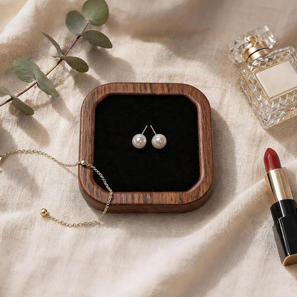 Wooden Jewelry Tray, Ring Holder Trinket Dish, Walnut Wood with Black Velvet Lining, 3.7 X 3.7 Inch, Square