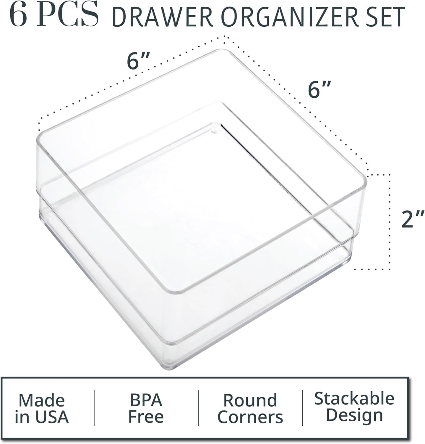 Simplesort 6-Piece Stackable Clear Drawer Organizer Set | 6" X 6" X 2" Square Trays | Small Makeup Vanity Storage Bins and Office Desk Drawer Dividers | Made in USA