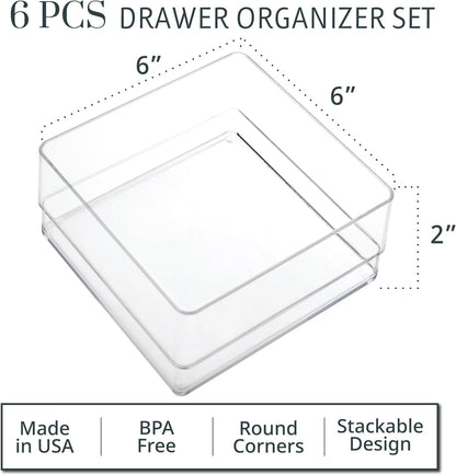 Simplesort 6-Piece Stackable Clear Drawer Organizer Set | 6" X 6" X 2" Square Trays | Small Makeup Vanity Storage Bins and Office Desk Drawer Dividers | Made in USA