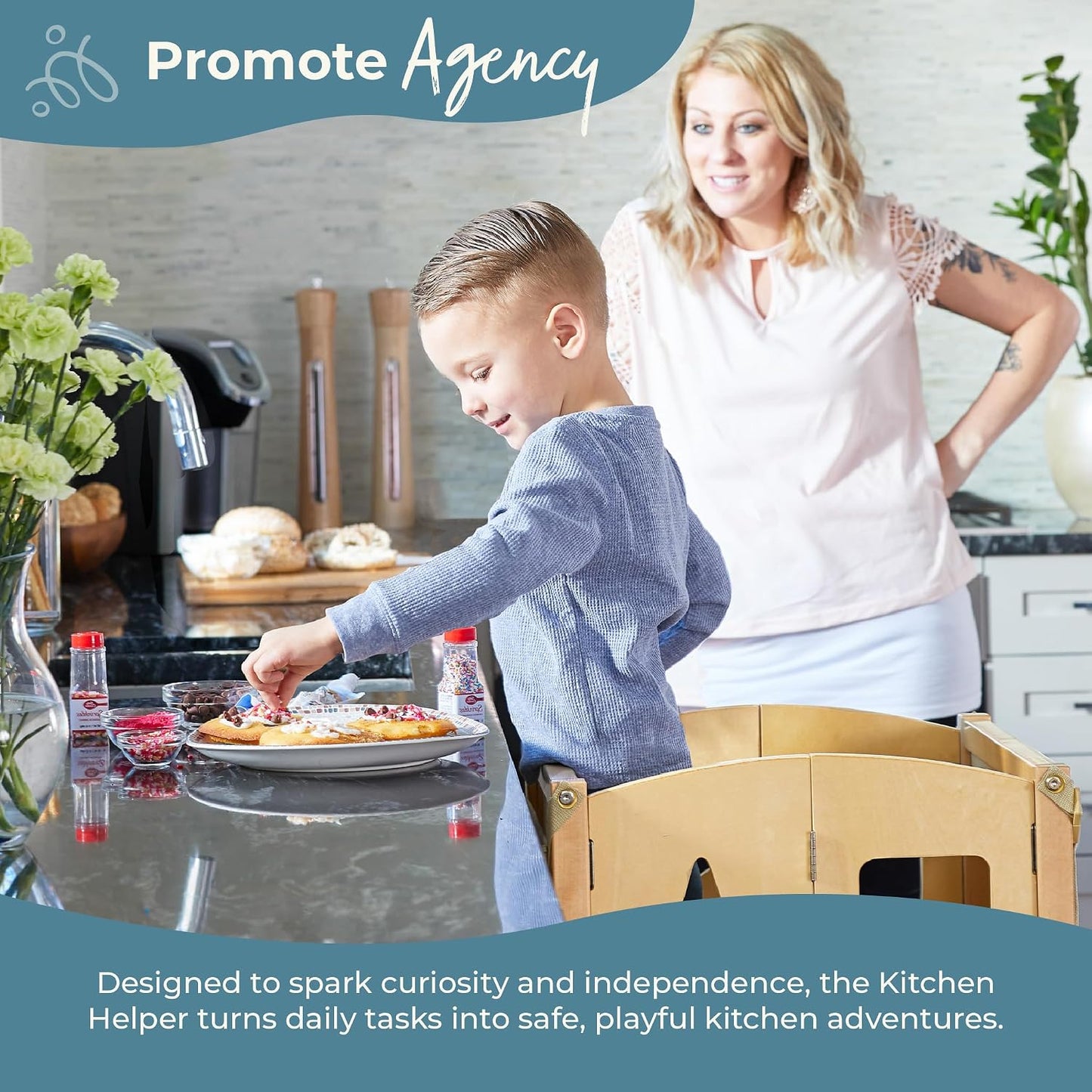 Guidecraft Classic Kitchen Helper® Toddler Tower - Gray: Folding, Adjustable Height, Learning Step Stool for Kids, W/Chalkboard | Montessori Collapsible Safety Non-Slip Platform