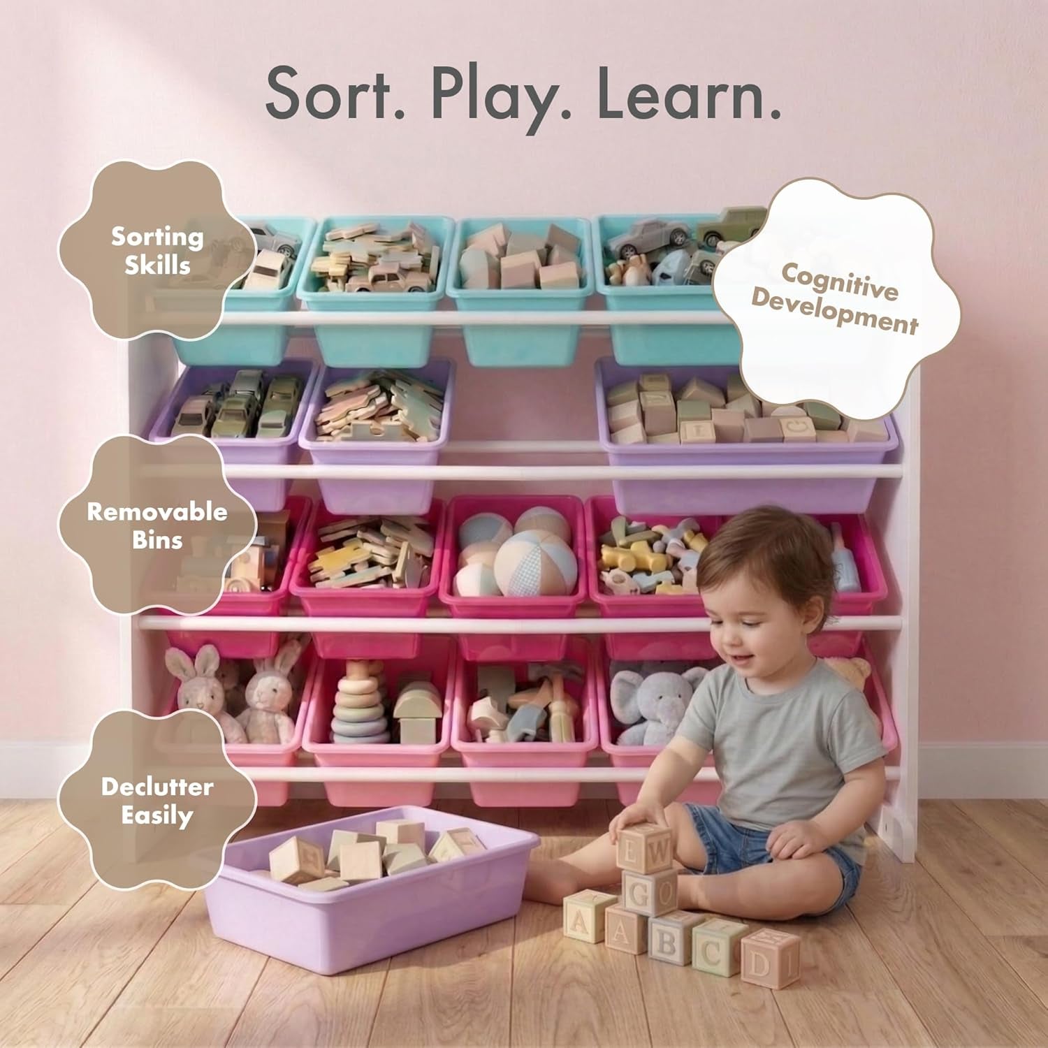 Toy Storage Organizer with 16 Removable Storage Bins for Kids Playroom, 4-Tier Toddler Toy Organization, White/Blue/Pink/Purple