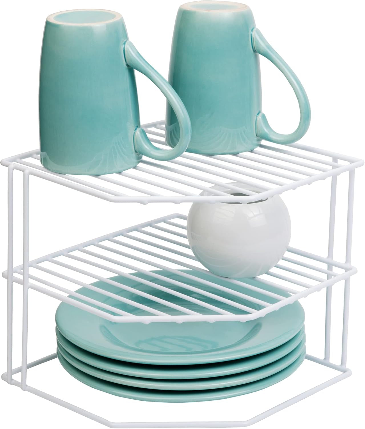3-Tier Corner Kitchen Shelf Rack - Rust-Resistant Steel Wire Organizer for Plates and Dishes - Ideal for Cabinets and Pantries (9 x 8 Inches) [White]
