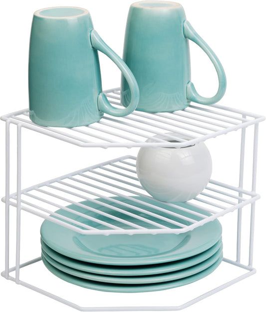 3-Tier Corner Kitchen Shelf Rack - Rust-Resistant Steel Wire Organizer for Plates and Dishes - Ideal for Cabinets and Pantries (9 x 8 Inches) [White]