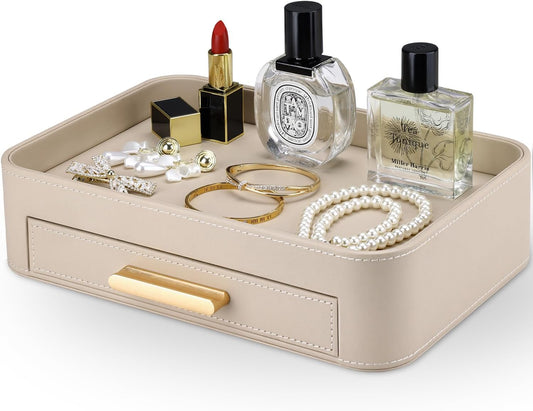 Valet Jewelry Tray Nightstand Organizer with Drawer, PU Leather Perfume Tray Trinket Trays for Vanity Bathroom Entryway, Catchall Trays for Key Purse Watch Cologne, Gift for Women Men, Beige