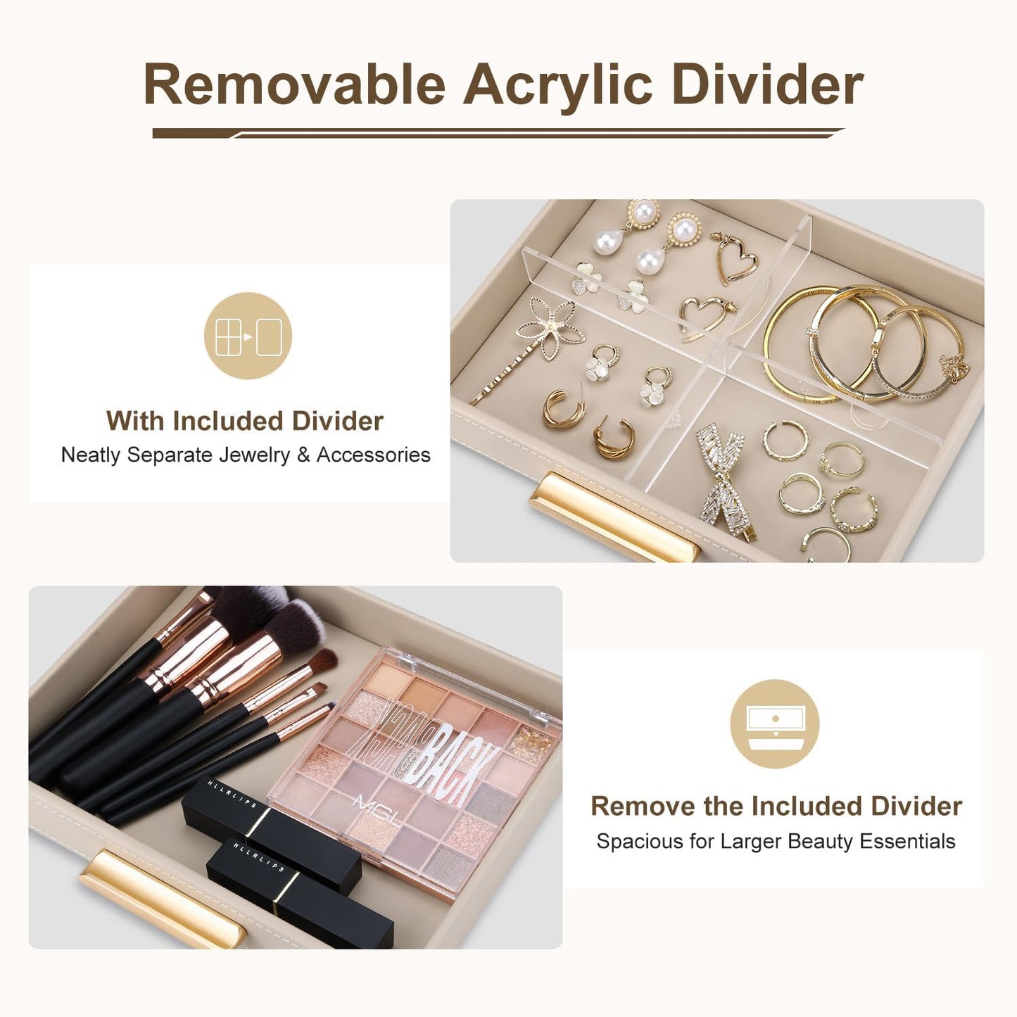 Valet Jewelry Tray Nightstand Organizer with Drawer, PU Leather Perfume Tray Trinket Trays for Vanity Bathroom Entryway, Catchall Trays for Key Purse Watch Cologne, Gift for Women Men, Beige