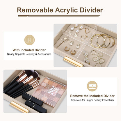 Valet Jewelry Tray Nightstand Organizer with Drawer, PU Leather Perfume Tray Trinket Trays for Vanity Bathroom Entryway, Catchall Trays for Key Purse Watch Cologne, Gift for Women Men, Beige