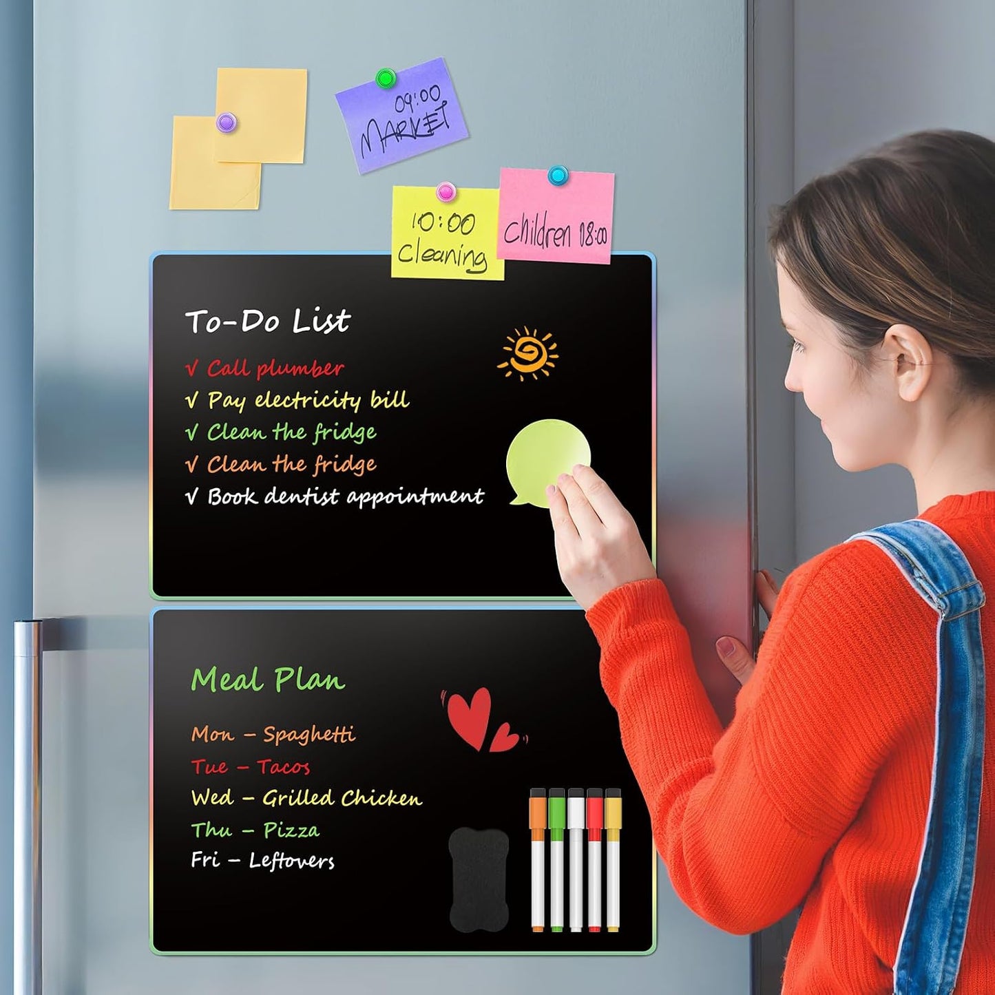 Magnetic Whiteboard for Fridge 12X8 Black 5 Pack | Strong Magnet, Dry Erase, Reusable, Easy Clean, Stain Resistant, Meal Planner, Grocery List, Family Notes, Kitchen Organizer