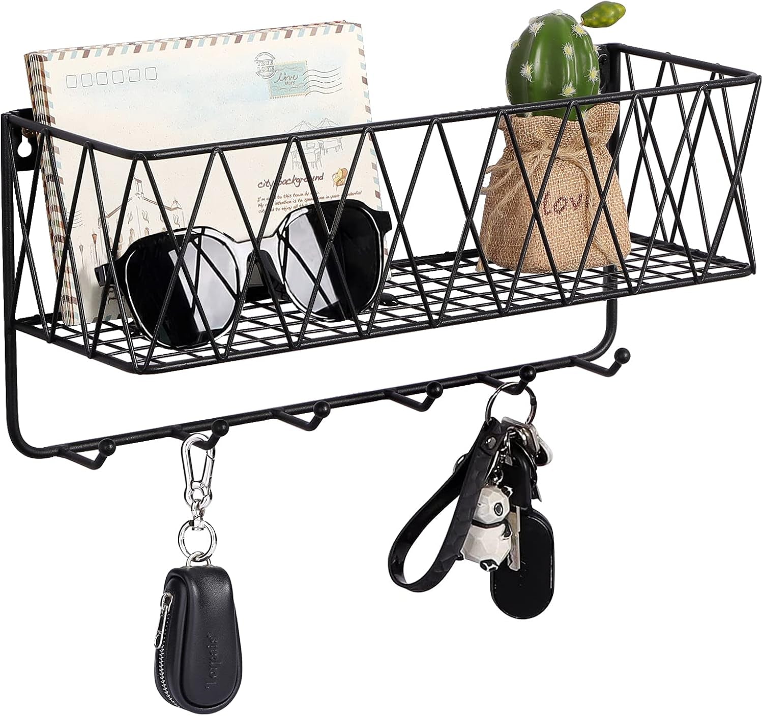 Entryway Mail Holder with Key Hooks, 14" L×4.7" W×6.5" H, Wall Mounted Matte Black Metal Wire Mesh Storage Basket with 6 Hooks, Easy to Organize Letters, Magazines, Keys, Leashes for Entryway