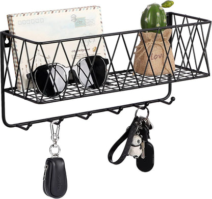 Entryway Mail Holder with Key Hooks, 14" L×4.7" W×6.5" H, Wall Mounted Matte Black Metal Wire Mesh Storage Basket with 6 Hooks, Easy to Organize Letters, Magazines, Keys, Leashes for Entryway