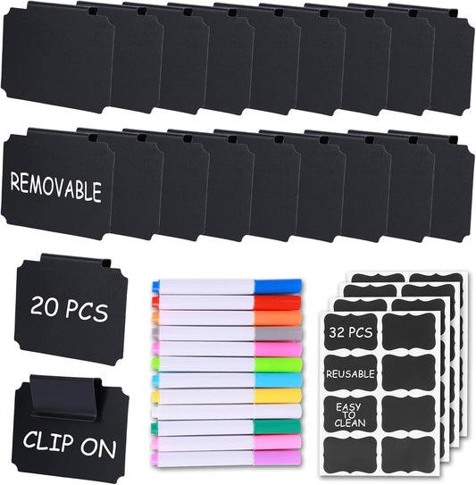20 Pieces Basket Labels Clip on Set for Storage Bins Kitchen Pantry Basket Box Cube Laundry Organization, with 32 Pieces Removable Chalkboard Tag Stickers and 12 Pieces Chalk Marker