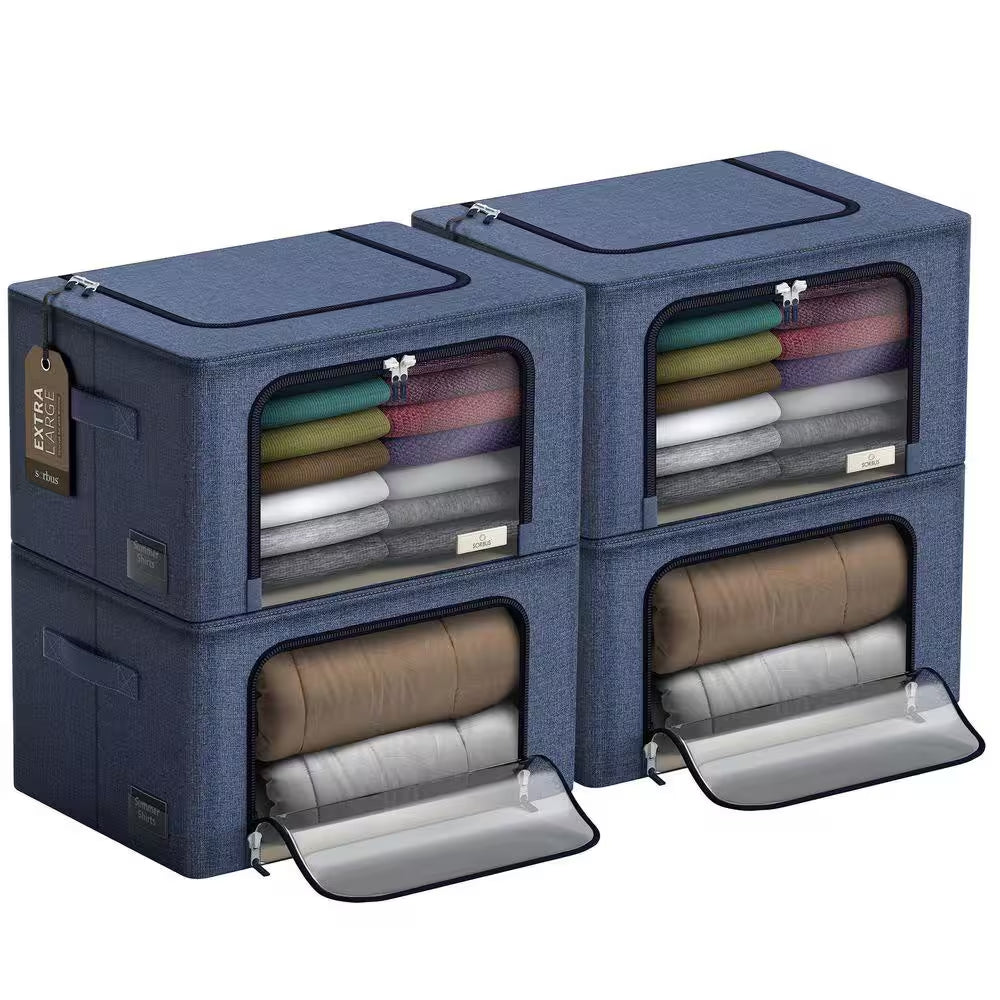 Jumbo Storage Bins, Organizers with Frame, Handles, and Window, Blue 24 In. X 14 In. Polyester Decorative Box Set of 4