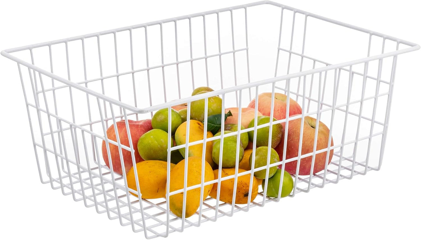 Wire Storage Freezer Baskets, Set of 2 - 13.4" Household Organizer Storage Bins with Handles for Kitchen Cabinets, Pantry, Office, and Bathroom Organization - White