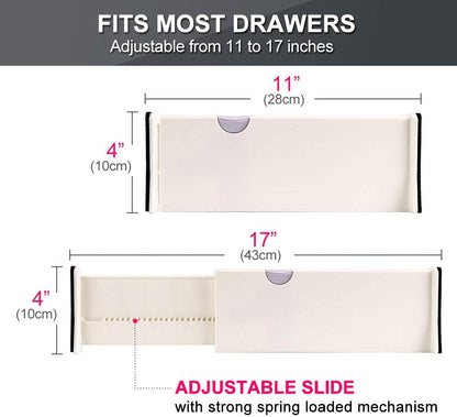 Drawer Dividers Organizer 4 Pack, Adjustable Separators 4" High Expandable from 11-17" for Bedroom, Bathroom, Closet,Clothing, Office, Kitchen Storage, Strong Secure Hold, Foam Ends, Locks in Place