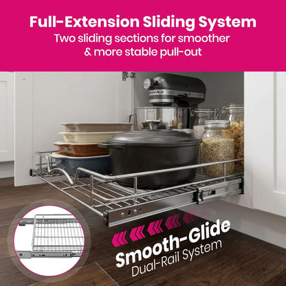 Pull Out Cabinet Organizer, 8”W X 21”D Cabinet Drawer | Heavy-Duty Caddy, Lifetime Limited Warranty, Steel Metal Cabinet Drawers, Chrome, Requires at Least 9-1/4” Cabinet Opening