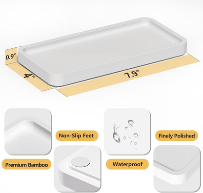 Small Bathroom Vanity Tray for Countertop Makeup Perfume Jewelry Decor Candle Keys, Bamboo Kitchen Tray for Soap Dispenser Spice, Small White Toilet Tray for Sink7.9 L X 4" W X 0.79" H