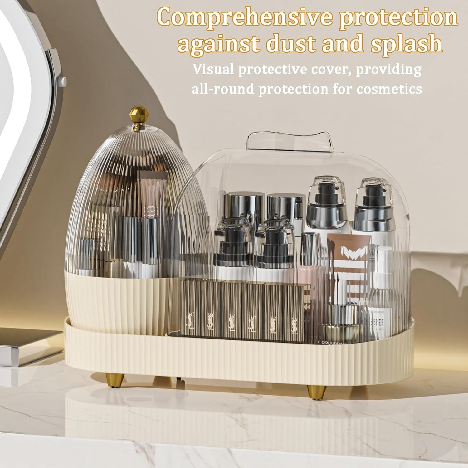 Rotating Vanity Makeup Organizer with Brush Holder and Cosmetic Storage for Lotions, Large Spinning Skincare Organizer (15x11 inches)