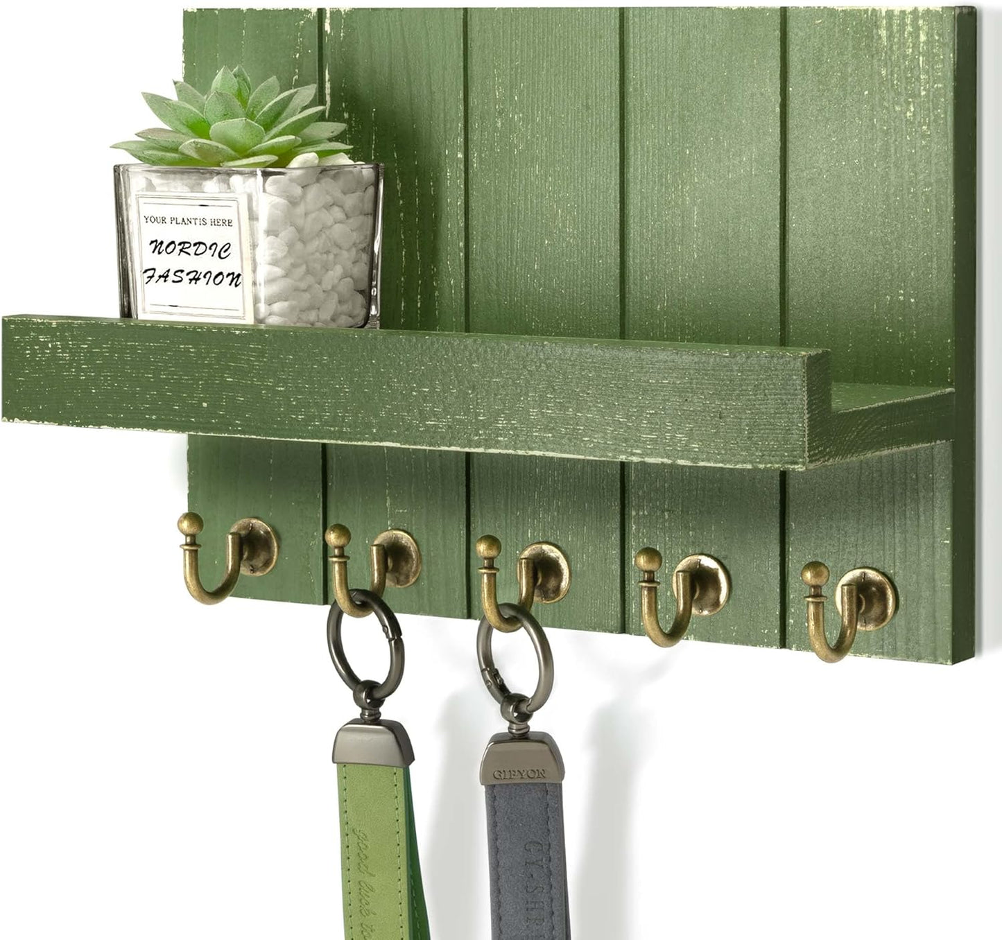 Pine Wood Key Holder Wall Mount with Floating Shelf – Farmhouse Key Holder for Wall with Hooks – Hat Organizer for Room Decor and Entryway Organization (Green,3.54" X 10" X 7.28")