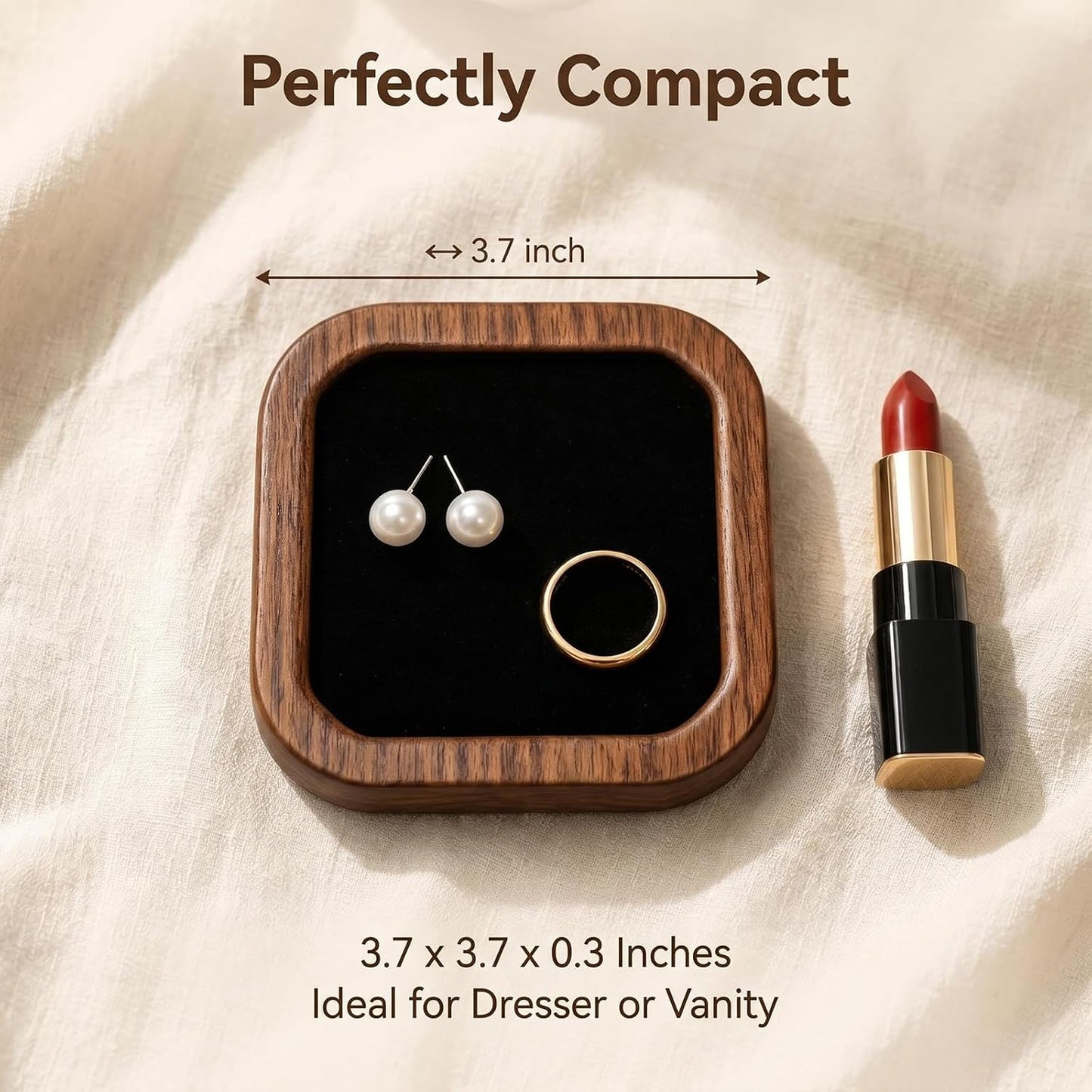 Wooden Jewelry Tray, Ring Holder Trinket Dish, Walnut Wood with Black Velvet Lining, 3.7 X 3.7 Inch, Square