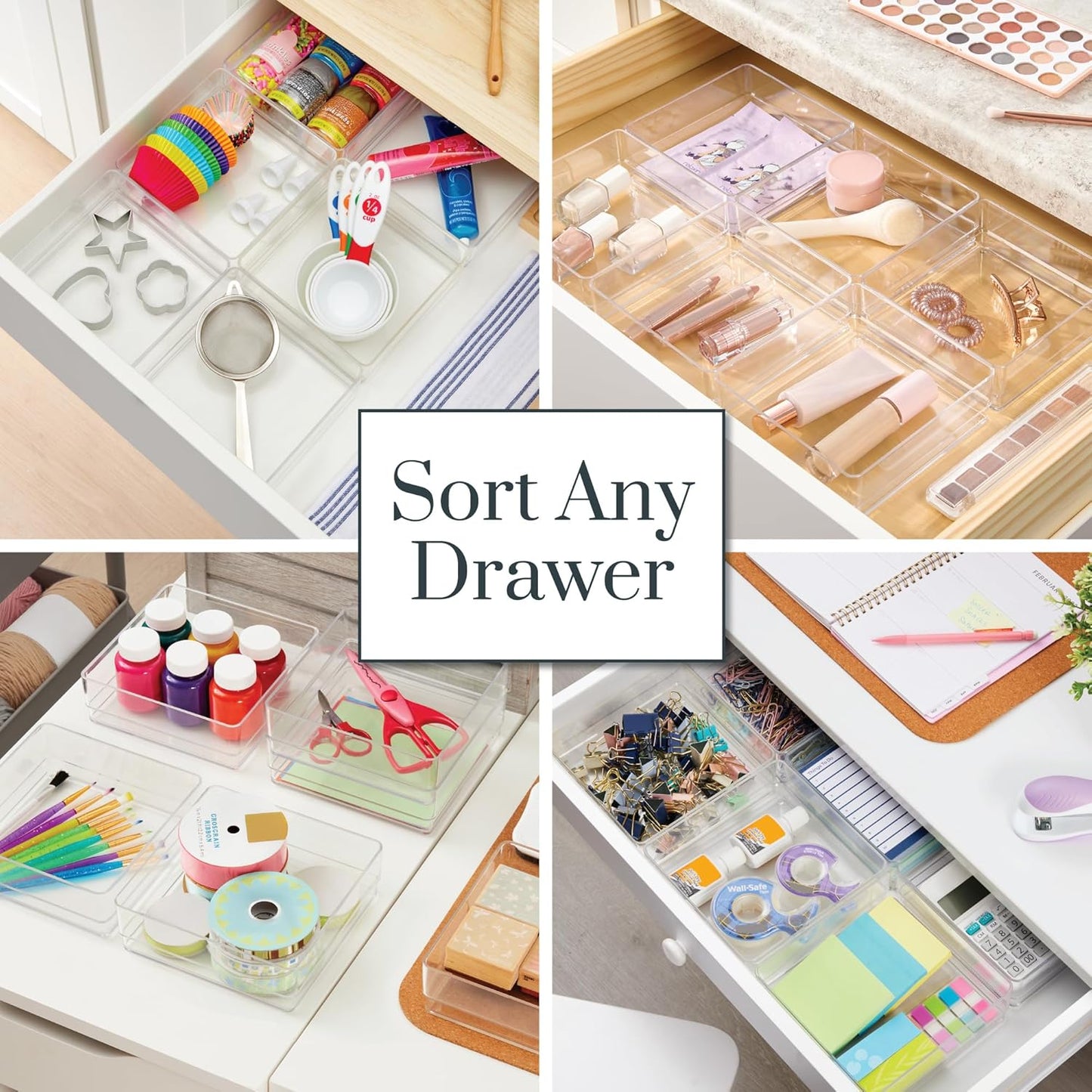 Simplesort 6-Piece Stackable Clear Drawer Organizer Set | 6" X 6" X 2" Square Trays | Small Makeup Vanity Storage Bins and Office Desk Drawer Dividers | Made in USA