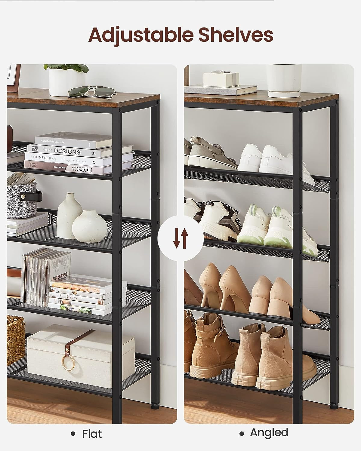 VASAGLE Shoe Rack for Entryway, Freestanding, Adjustable, Industrial | 5-Tier Shoe Rack Organizer with Storage Shelves and Spacious Top, Rustic Brown and Ink Black ULBS038B01