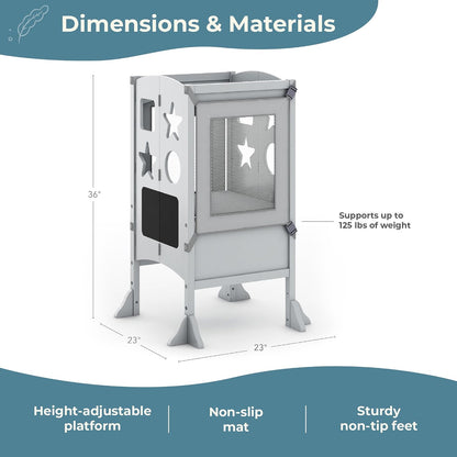 Guidecraft Classic Kitchen Helper® Toddler Tower - Gray: Folding, Adjustable Height, Learning Step Stool for Kids, W/Chalkboard | Montessori Collapsible Safety Non-Slip Platform