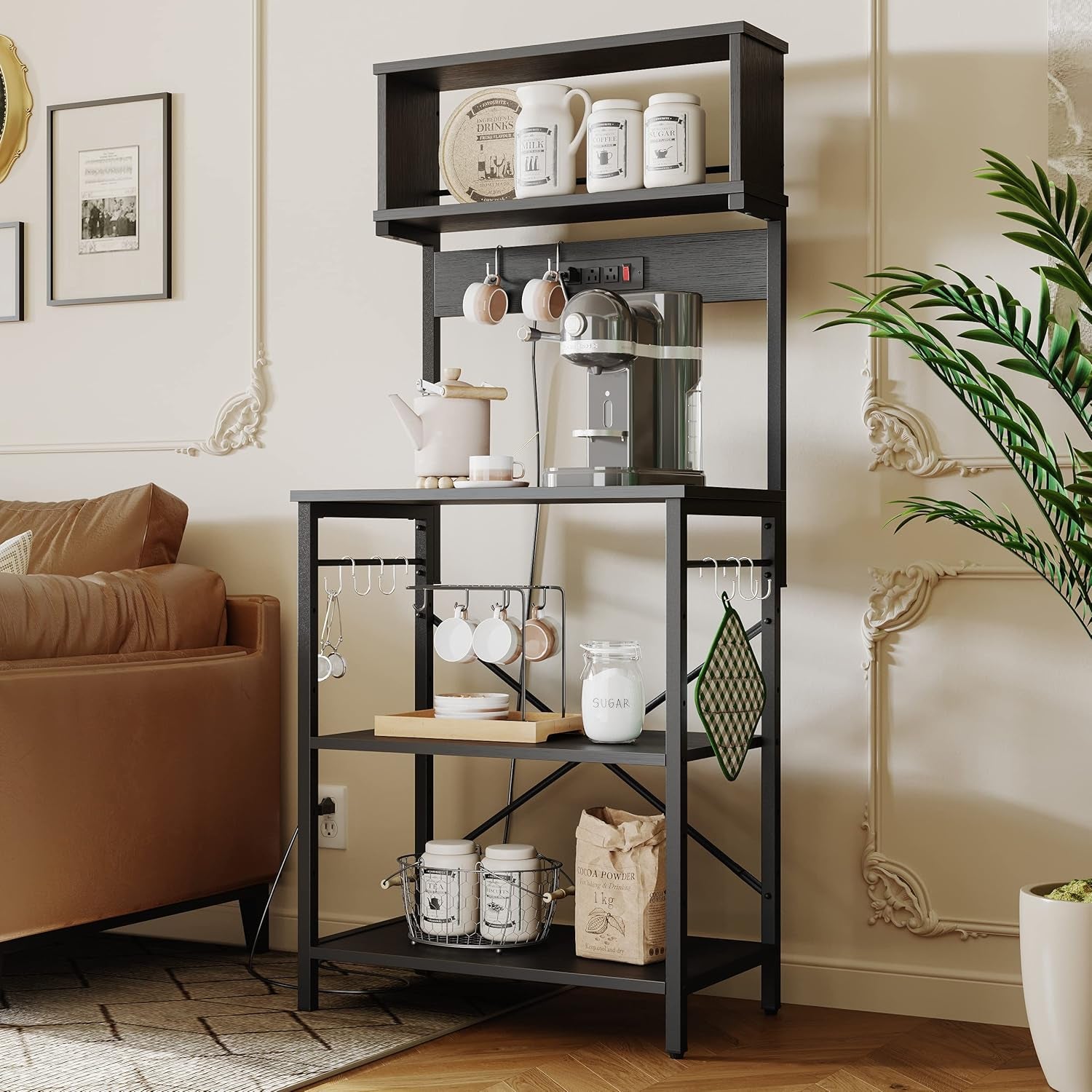 Bakers Rack with Power Outlet, Coffee Bar Table with Storage 5 Tiers, Standing Microwave Stand with 8 S-Shaped Hooks, Kitchen Storage Shelf Rack for Spices | Standing Microwave Stand with 8 S-Shaped Hooks, Kitchen Storage Shelf Rack for Spices