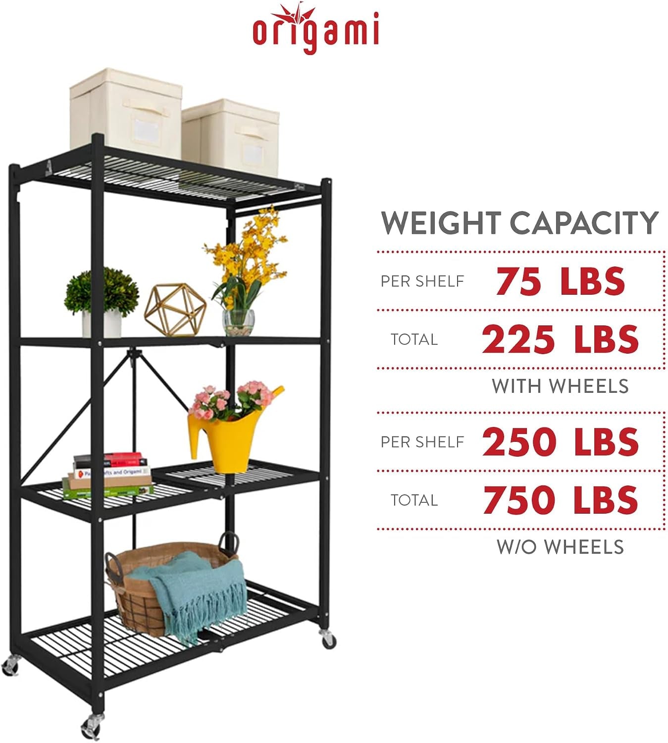 R5 4-Shelf Heavy-Duty Folding Storage Rack, Black – Large Foldable Metal Shelving Unit with Wheels for Garage, Pantry, Basement, Laundry Room or Warehouse