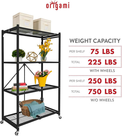 R5 4-Shelf Heavy-Duty Folding Storage Rack, Black – Large Foldable Metal Shelving Unit with Wheels for Garage, Pantry, Basement, Laundry Room or Warehouse