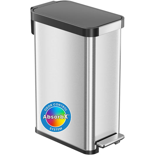 Itouchless Softstep EXP 50 Liter / 13.2 Gallon Slim Step Pedal Kitchen Trash Can with Odor Filter, Indoor Recycling Bin, Soft Close Lid Stainless Steel Dent-Proof Plastic Lid Home Office Work Business