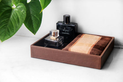 Decorative Vanity Tray, Desktop Storage Organizer, Catchall Tray, Valet Tray, Nightstand or Dresser Organizer, PU Faux Leather Bathroom Tray, Brown, 10.2 X 8.4 X 1.8 Inches
