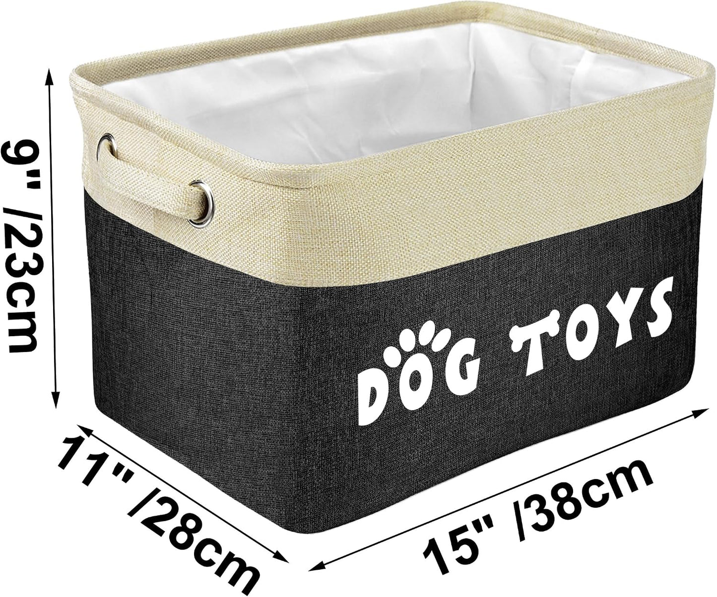 Dog Toy Basket, Large Collapsible, Black, M: 15"X11"X9" | Dog Toy Bin Box, Comfortable Handles, Large Pet Toy Storage Organizer, for Accessories, Toys, Coat & Clothing, Blanket Leash