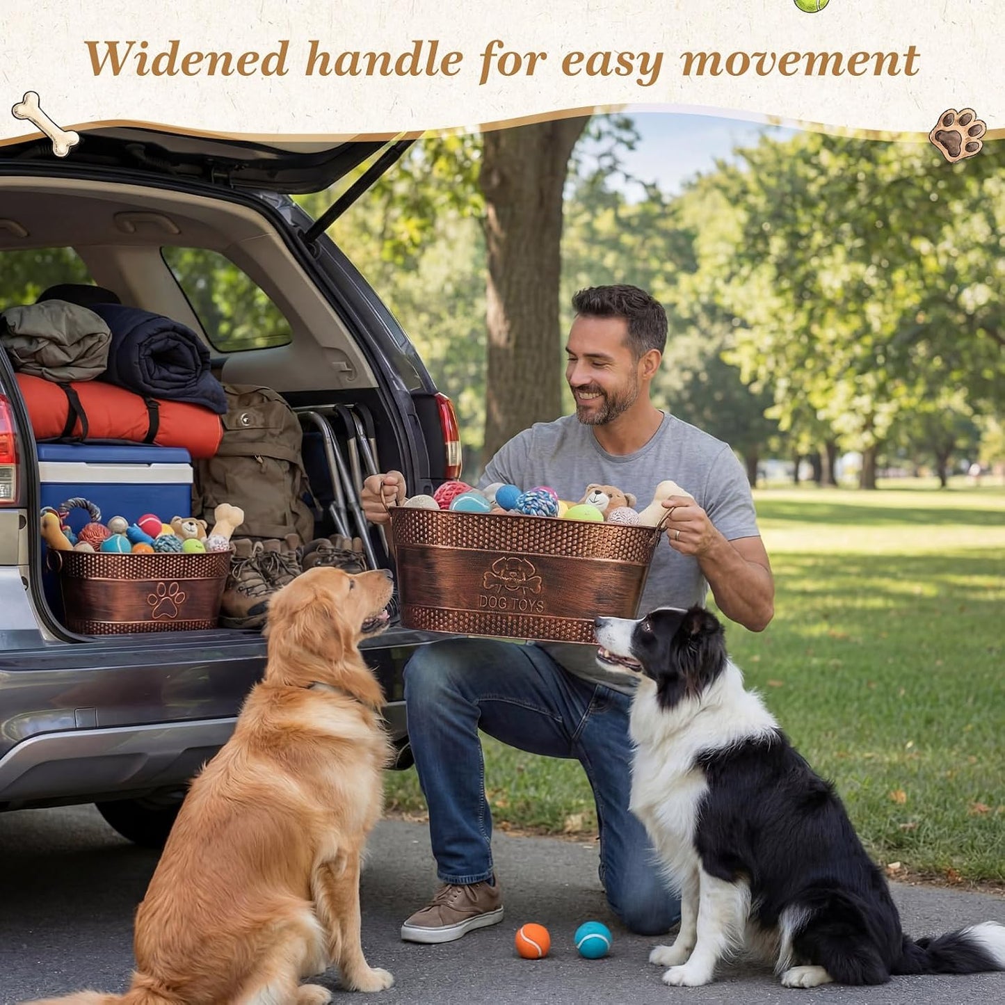 2 Pack Metal Dog Toy Basket Large Copper Oval Puppy Toy Box with Handles Durable Galvanized Dog Bin for Pet Blankets Leashes Storage Living Room Area (21 Quart)