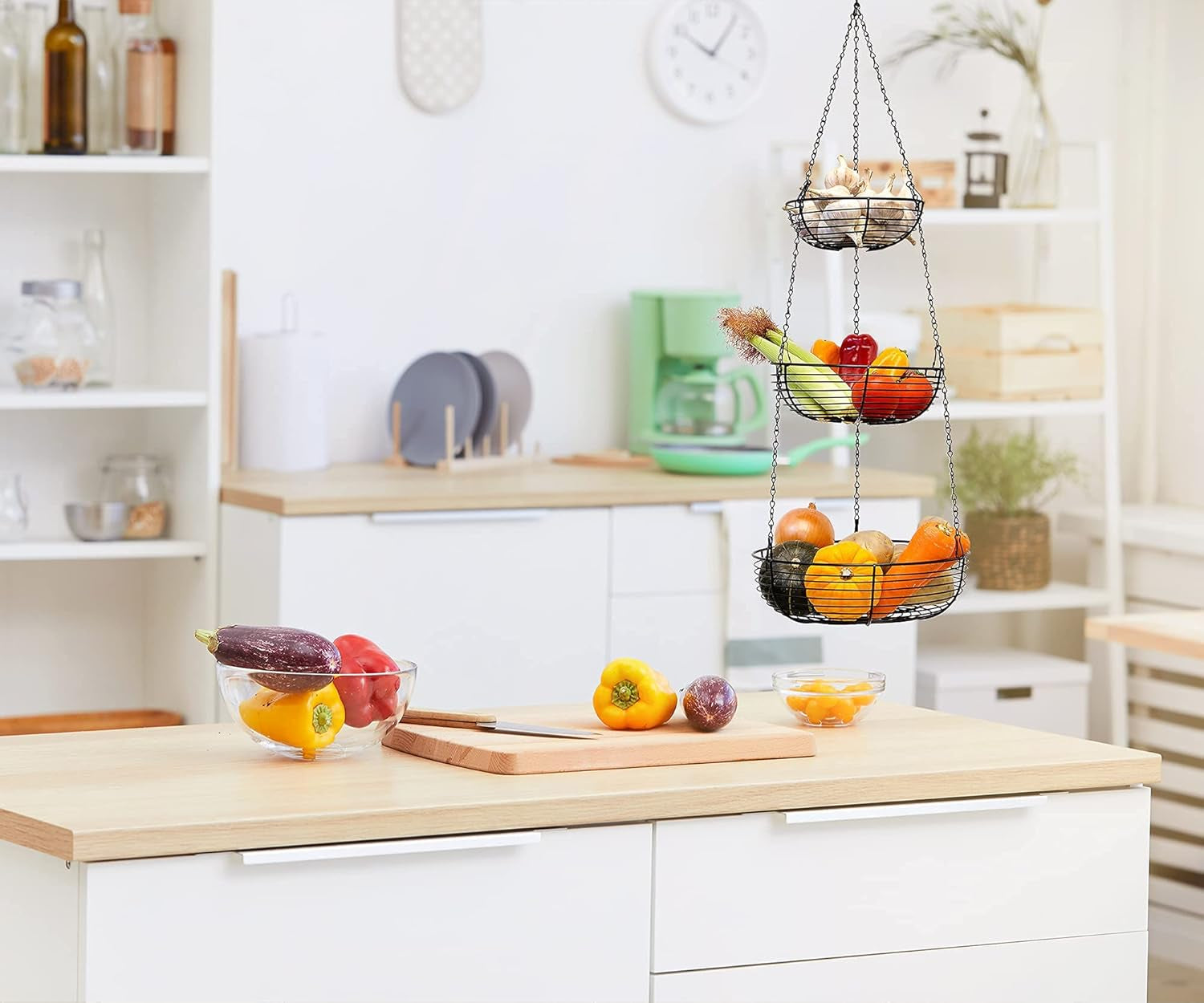 3-Tier Hanging Basket Fruit Organizer Kitchen Heavy Duty Wire Organizer with 2 Free Bonus Metal Ceiling Hooks, Black