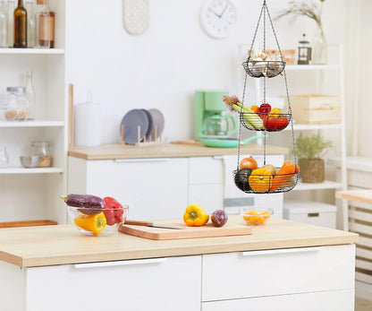 3-Tier Hanging Basket Fruit Organizer Kitchen Heavy Duty Wire Organizer with 2 Free Bonus Metal Ceiling Hooks, Black