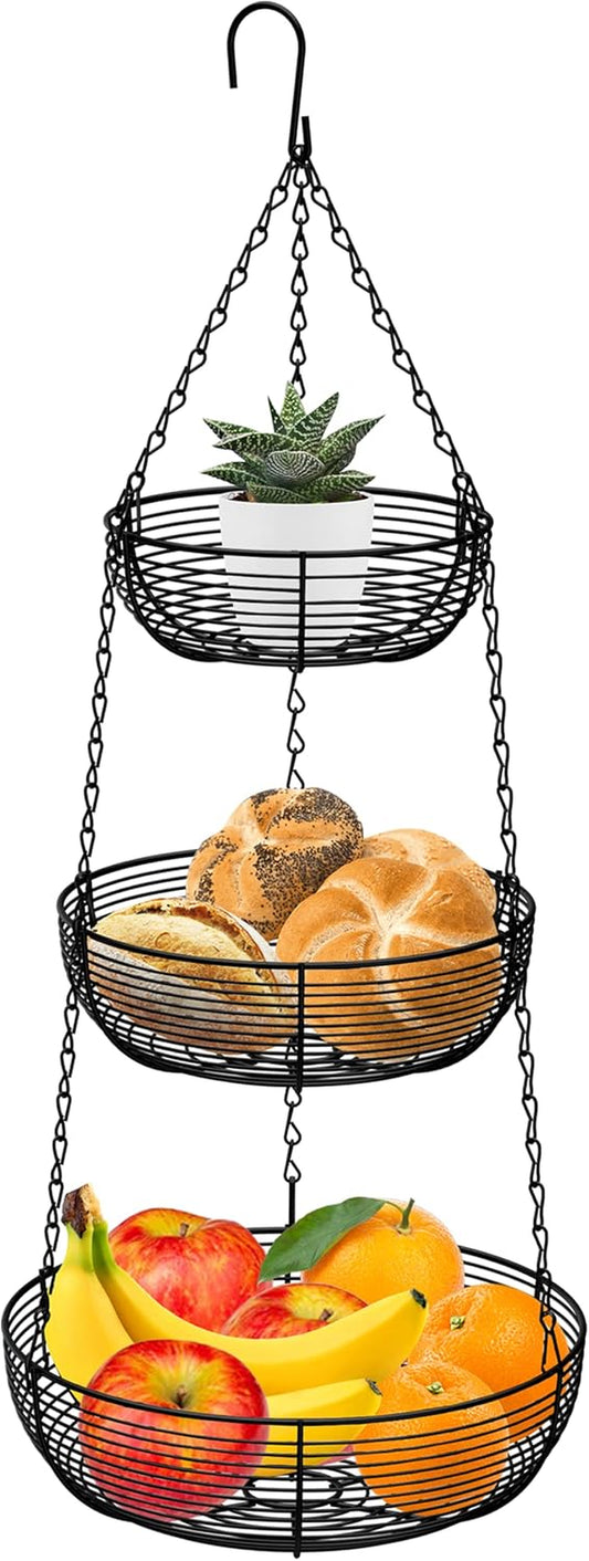3-Tier Hanging Basket Fruit Organizer Kitchen Heavy Duty Wire Organizer with 2 Free Bonus Metal Ceiling Hooks, Black