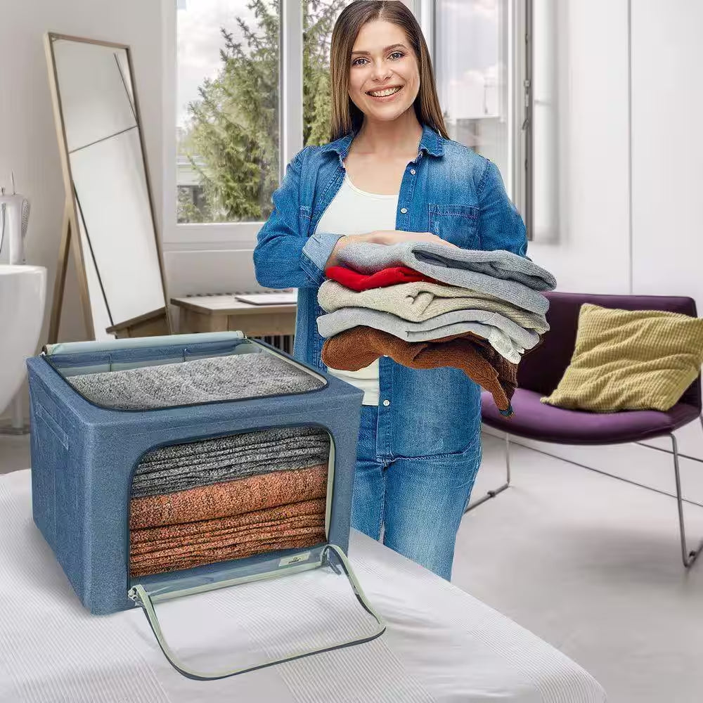 Jumbo Storage Bins, Organizers with Frame, Handles, and Window, Blue 24 In. X 14 In. Polyester Decorative Box Set of 4