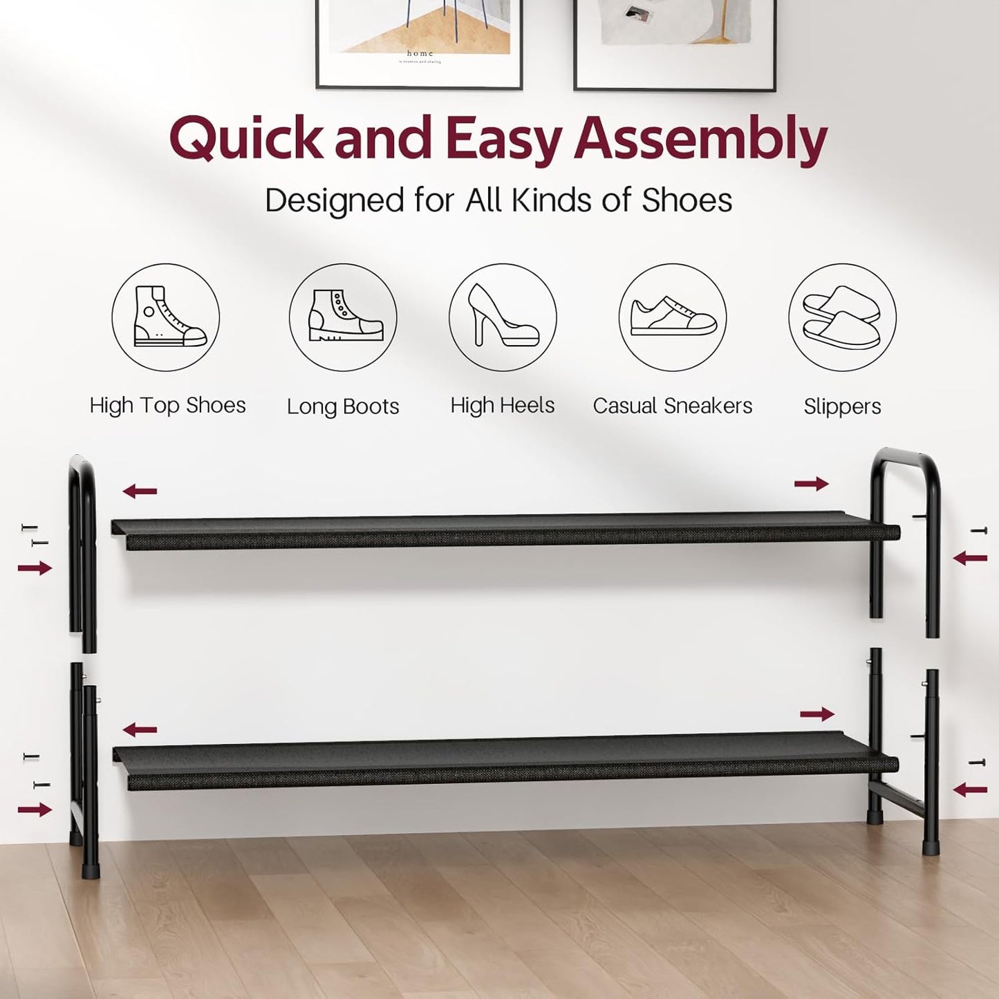 Long 2-Tier Shoe Organizer for Closet, Stackable Wide Shoe Rack Holds 18-Pairs Low Shoe Shelf Storage for Bedroom, Floor, Entryway(Black)